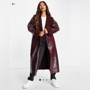 Topshop vinyl & sherpa long coat in burgundy